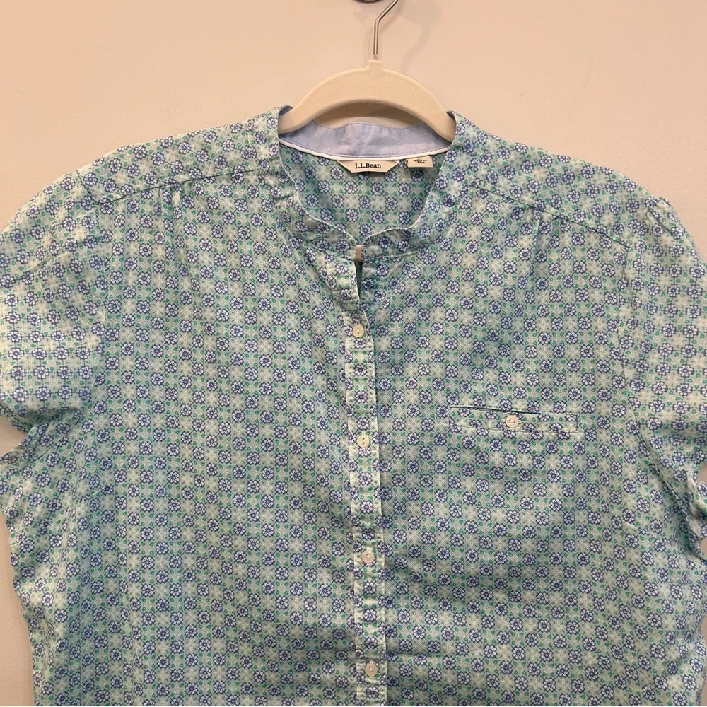L.L. Bean Cotton Floral Button Down Short Sleeve Shirt White Blue Green Size L - Picture 2 of 8